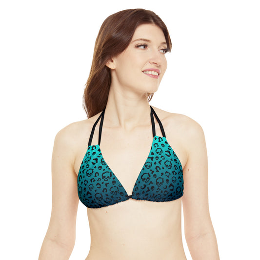 Cheetah Skull in Teal Strappy Triangle Bikini Top