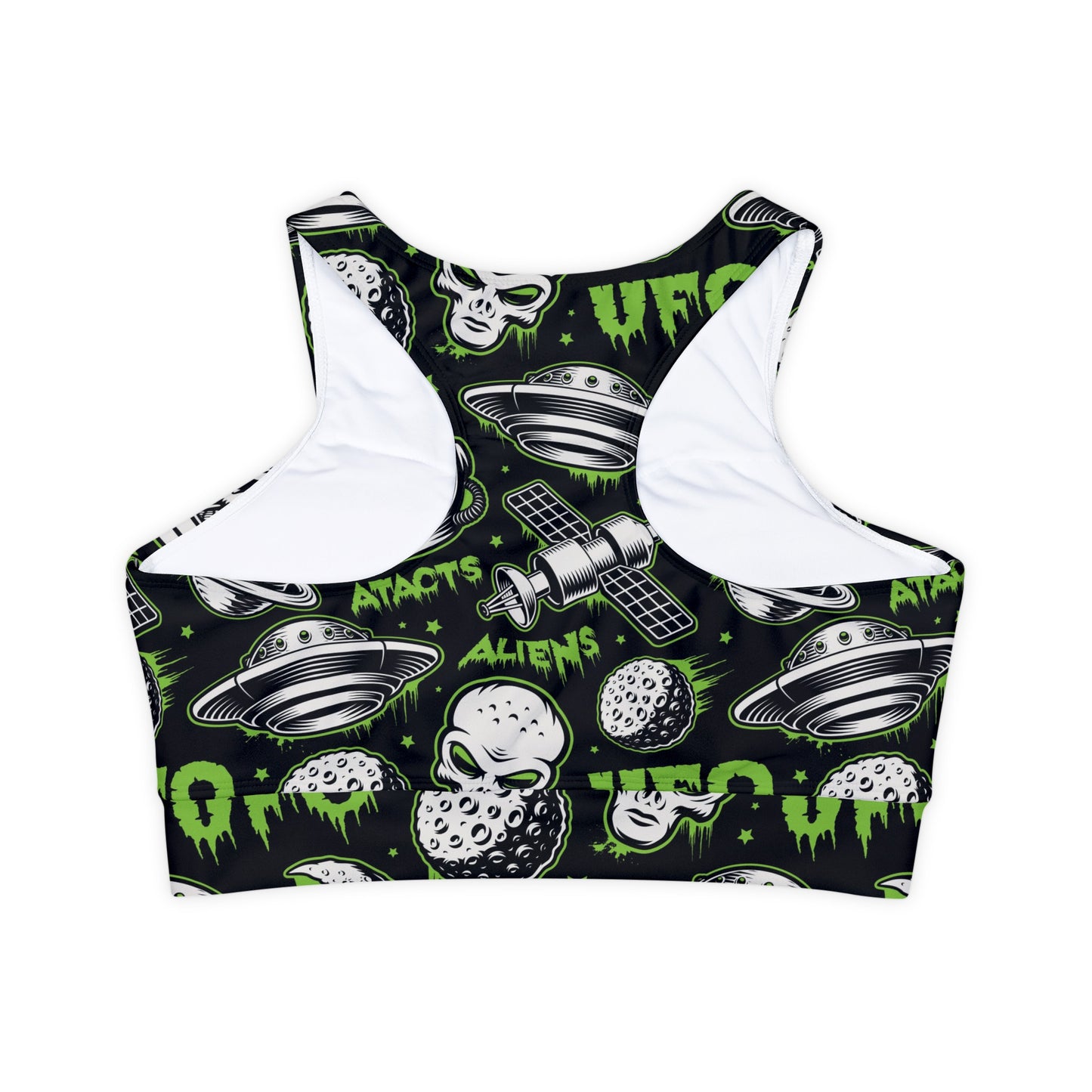 Alien UFO Fully Lined, Padded Sports Bra, UFO Print Sports Bra, Lined Athletic Top, Fitness Apparel