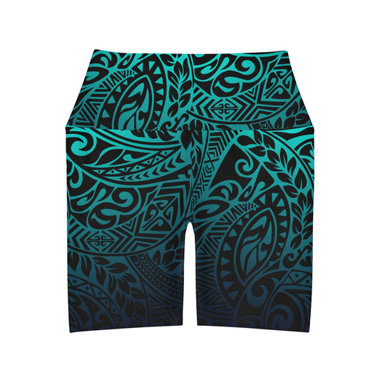 Polynesian Tribal in Teal High Waisted Yoga Shorts