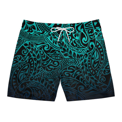 Teal Navy Polynesian Tribal Mid-Length Swim Shorts