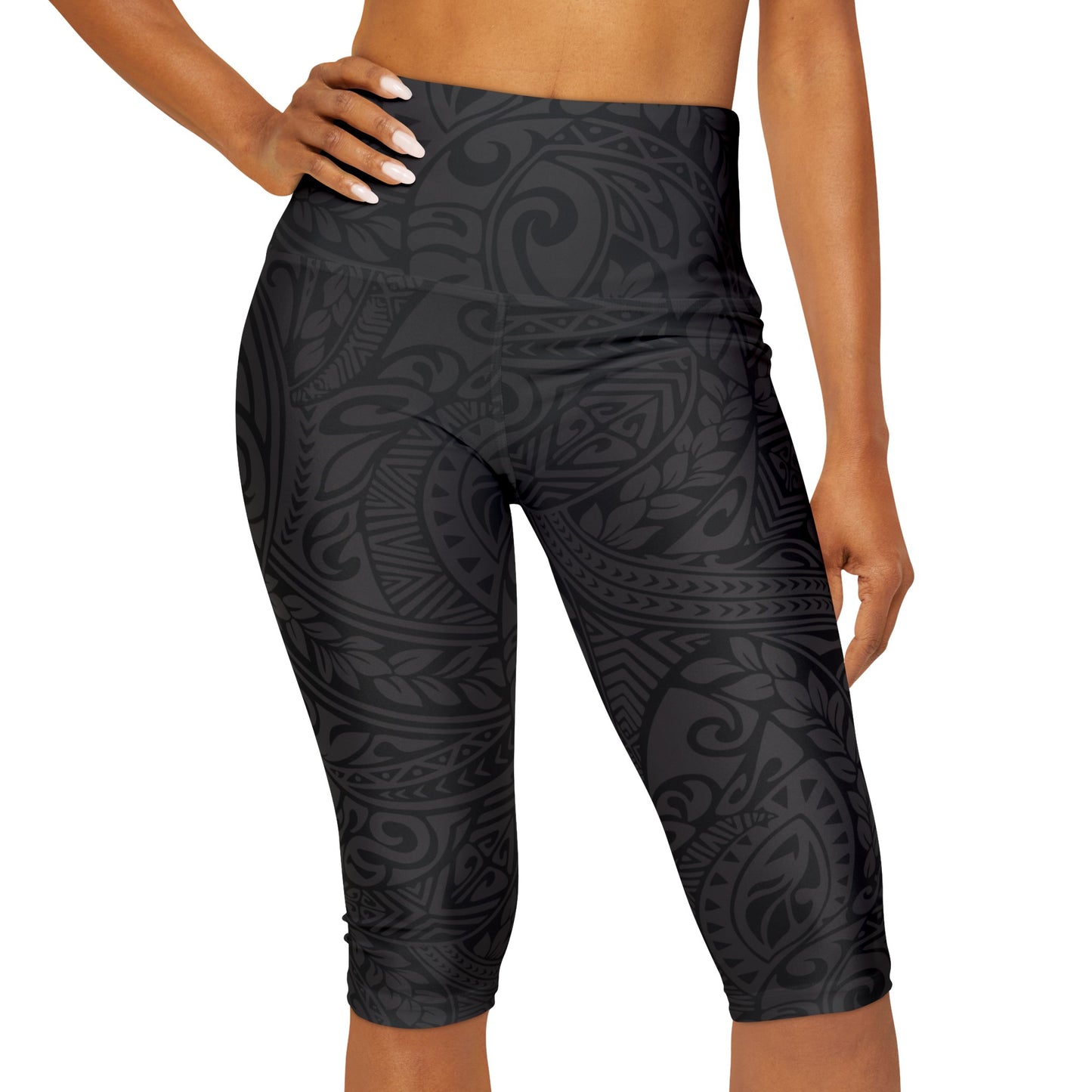 Polynesian Tribal in Black and Grey Yoga Capri Leggings