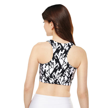 Ink Splatter Fully Lined, Padded Sports Bra, Black and White Sports Bra, Lined Athletic Top, Fitness Apparel