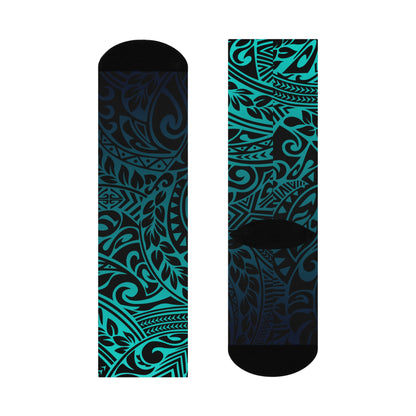 Polynesian Tribal in Teal Cushioned Crew Socks