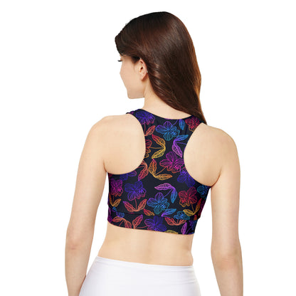 Rainbow Hibiscus Fully Lined, Padded Sports Bra, Floral Print Sports Bra, Lined Athletic Top, Fitness Apparel