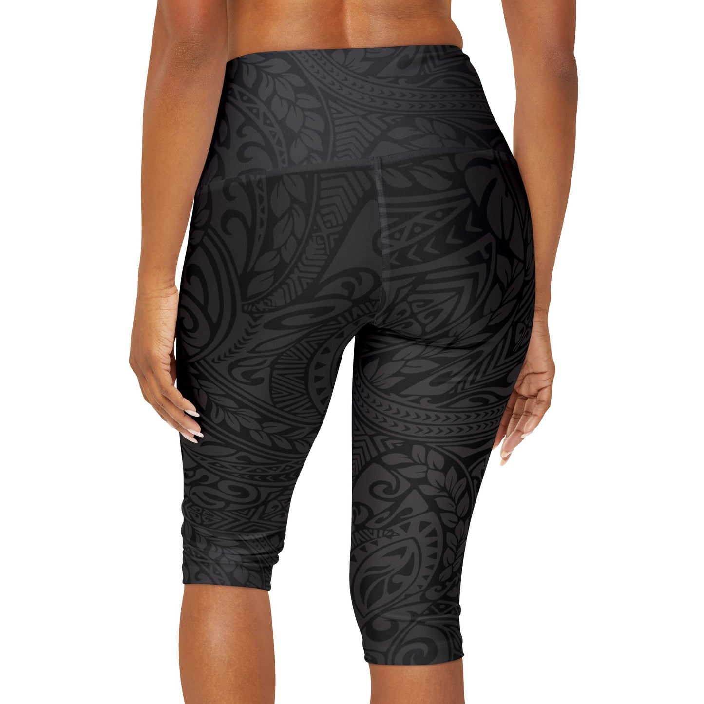 Polynesian Tribal in Black and Grey Yoga Capri Leggings