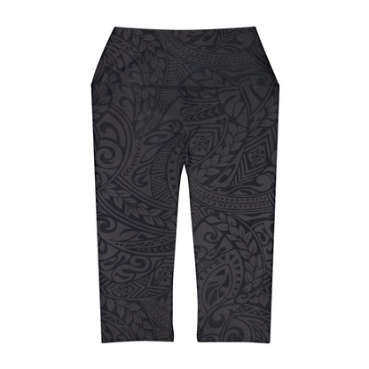 Polynesian Tribal in Black and Grey Yoga Capri Leggings