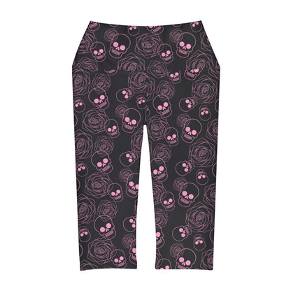 Pink Skull and Roses Yoga Capri Leggings