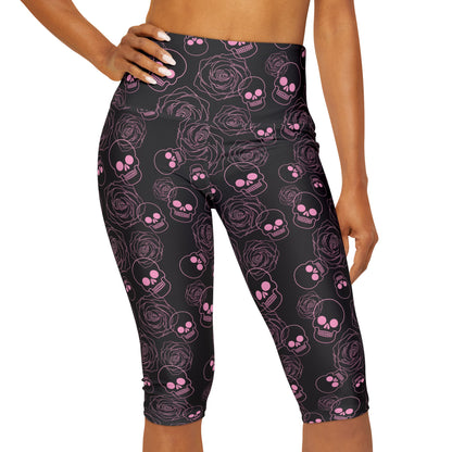 Pink Skull and Roses Yoga Capri Leggings