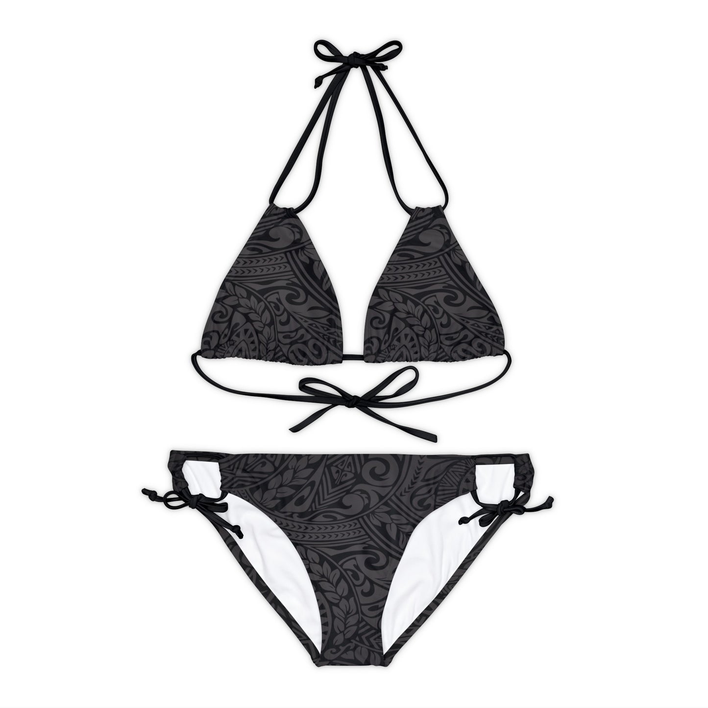 Polynesian Tribal in Black and Grey Strappy Bikini Set