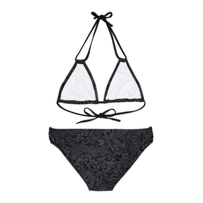 Polynesian Tribal in Black and Grey Strappy Bikini Set