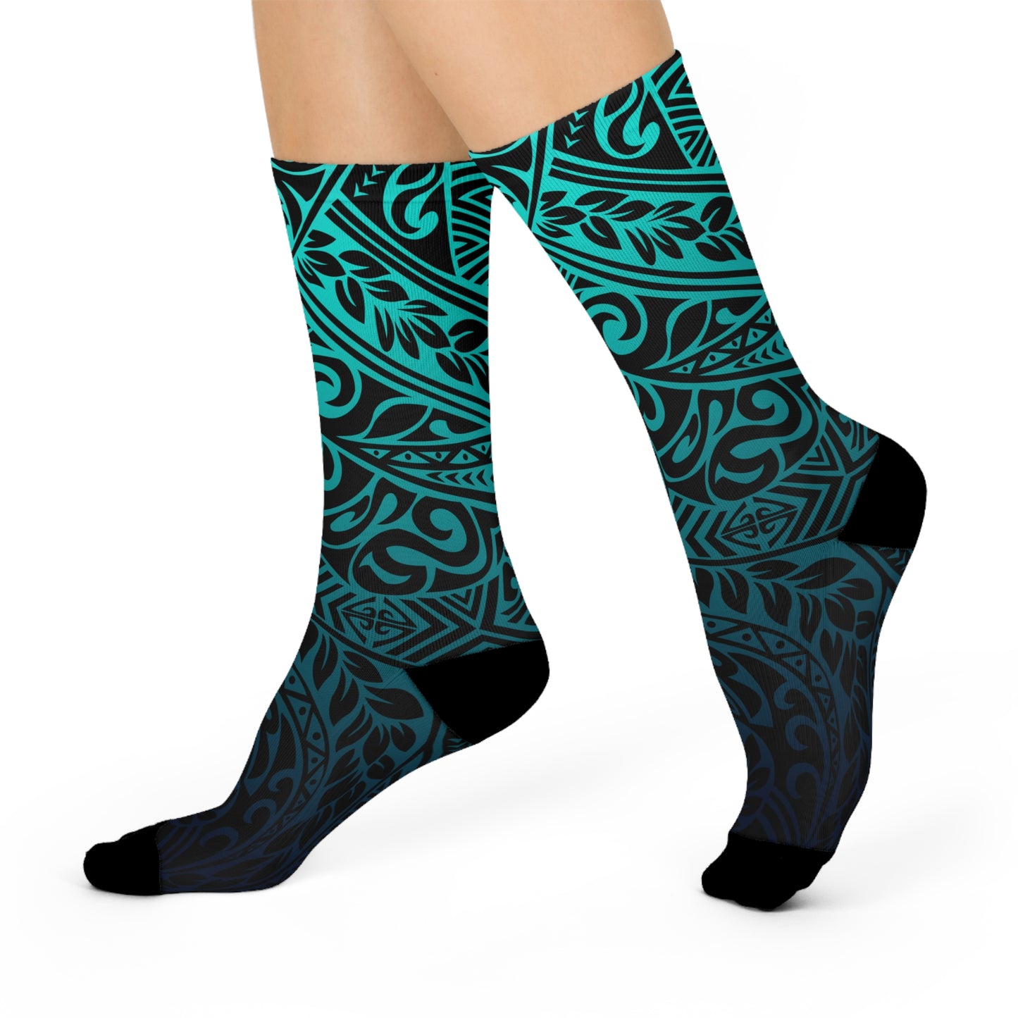 Polynesian Tribal in Teal Cushioned Crew Socks