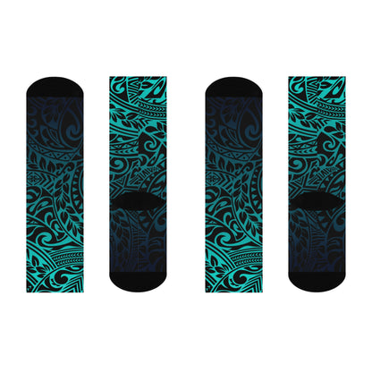 Polynesian Tribal in Teal Cushioned Crew Socks