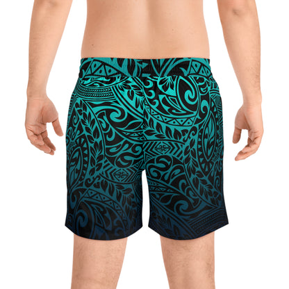 Teal Navy Polynesian Tribal Mid-Length Swim Shorts