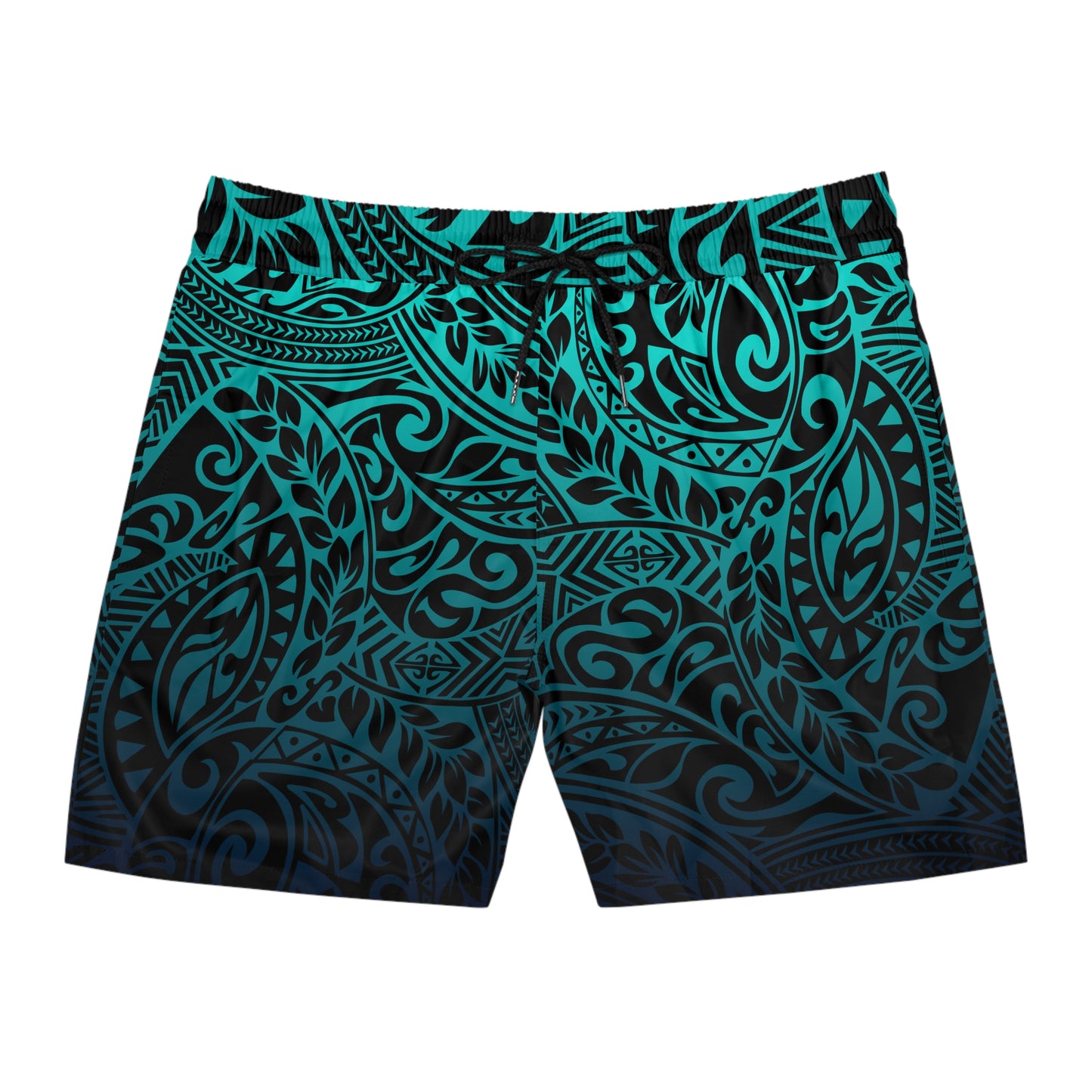 Teal Navy Polynesian Tribal Mid-Length Swim Shorts