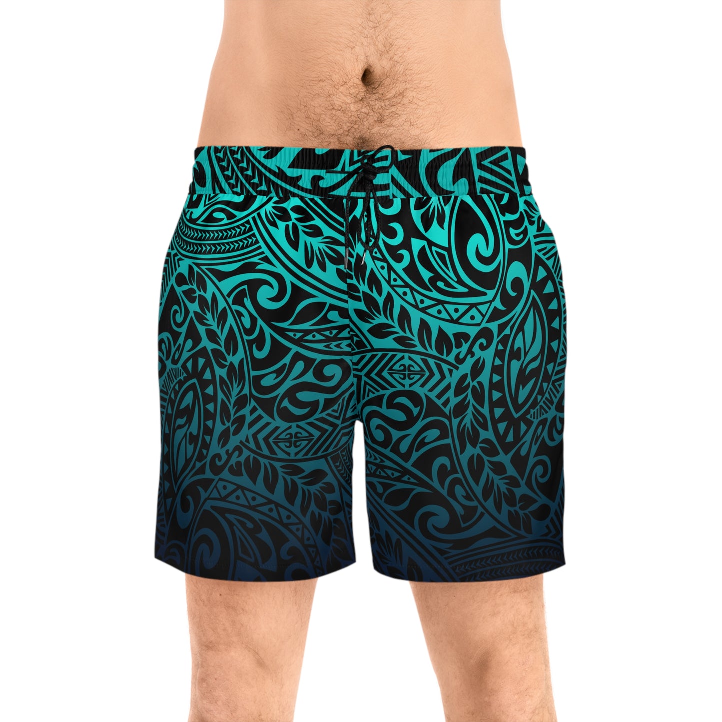 Teal Navy Polynesian Tribal Mid-Length Swim Shorts