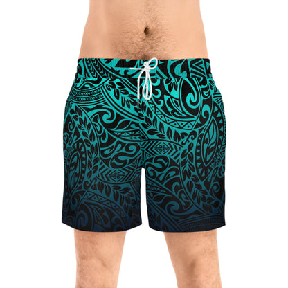 Teal Navy Polynesian Tribal Mid-Length Swim Shorts