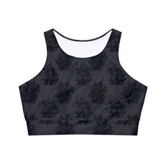 Gothic Floral Fully Lined, Padded Sports Bra, High Neck Sports Bra, Lined Athletic Top, Fitness Apparel