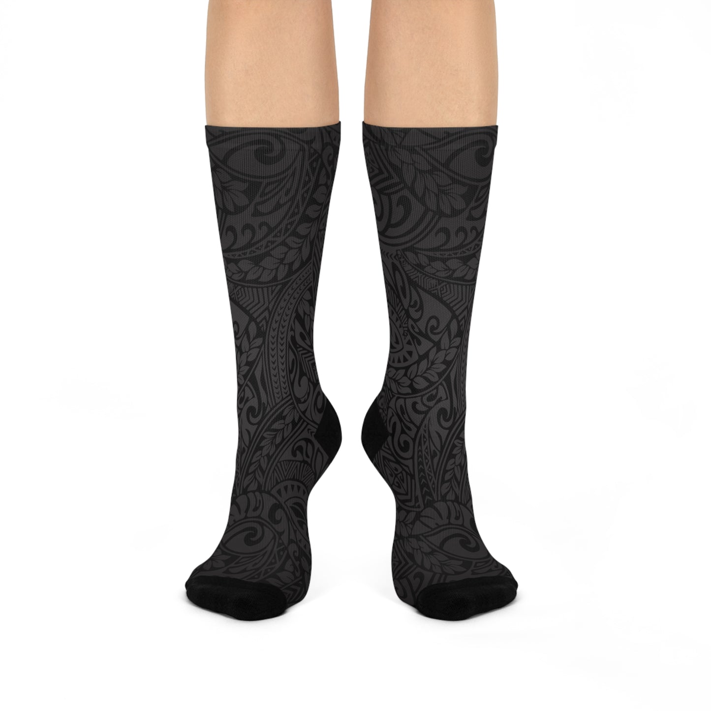 Polynesian Tribal in Black & Grey Cushioned Crew Socks