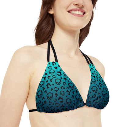 Cheetah Skull in Teal Strappy Triangle Bikini Top