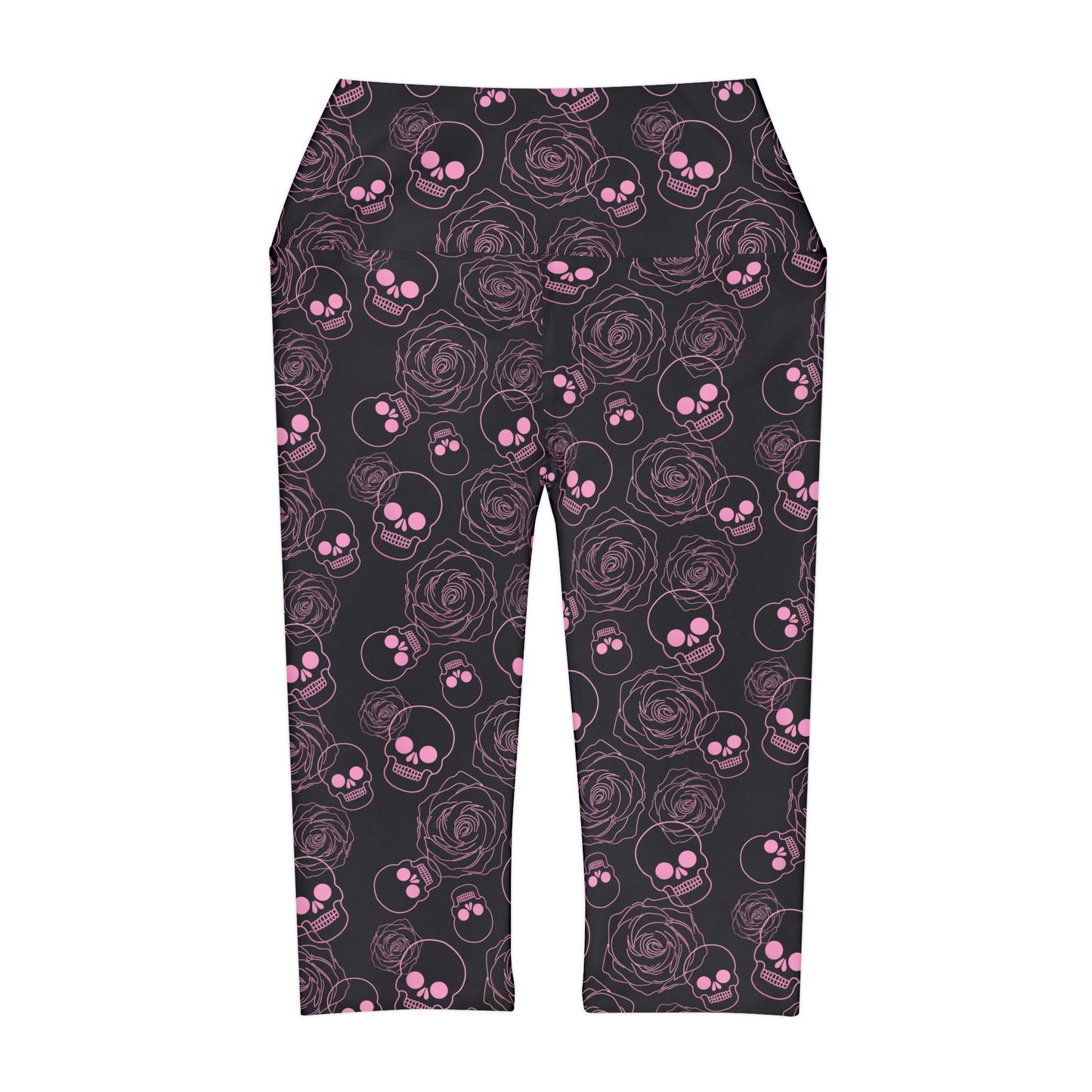 Pink Skull and Roses Yoga Capri Leggings