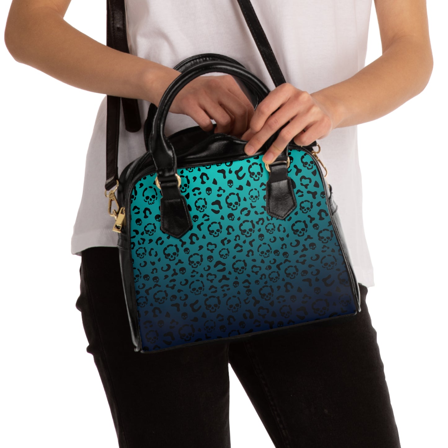 Cheetah Skull in Teal Shoulder Handbag