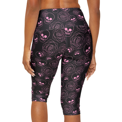 Pink Skull and Roses Yoga Capri Leggings