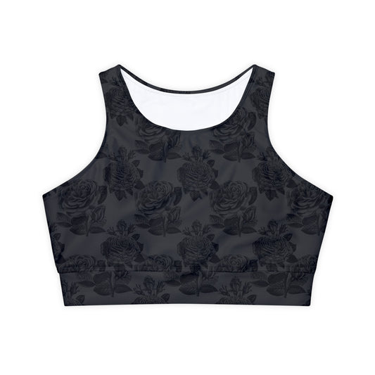 Gothic Roses Lined, Padded Sports Bra, High Neck Sports Bra, Lined Athletic Top, Fitness Apparel