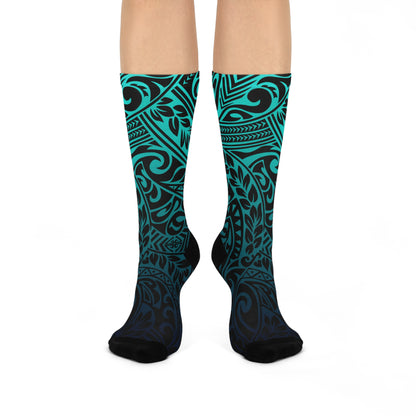 Polynesian Tribal in Teal Cushioned Crew Socks