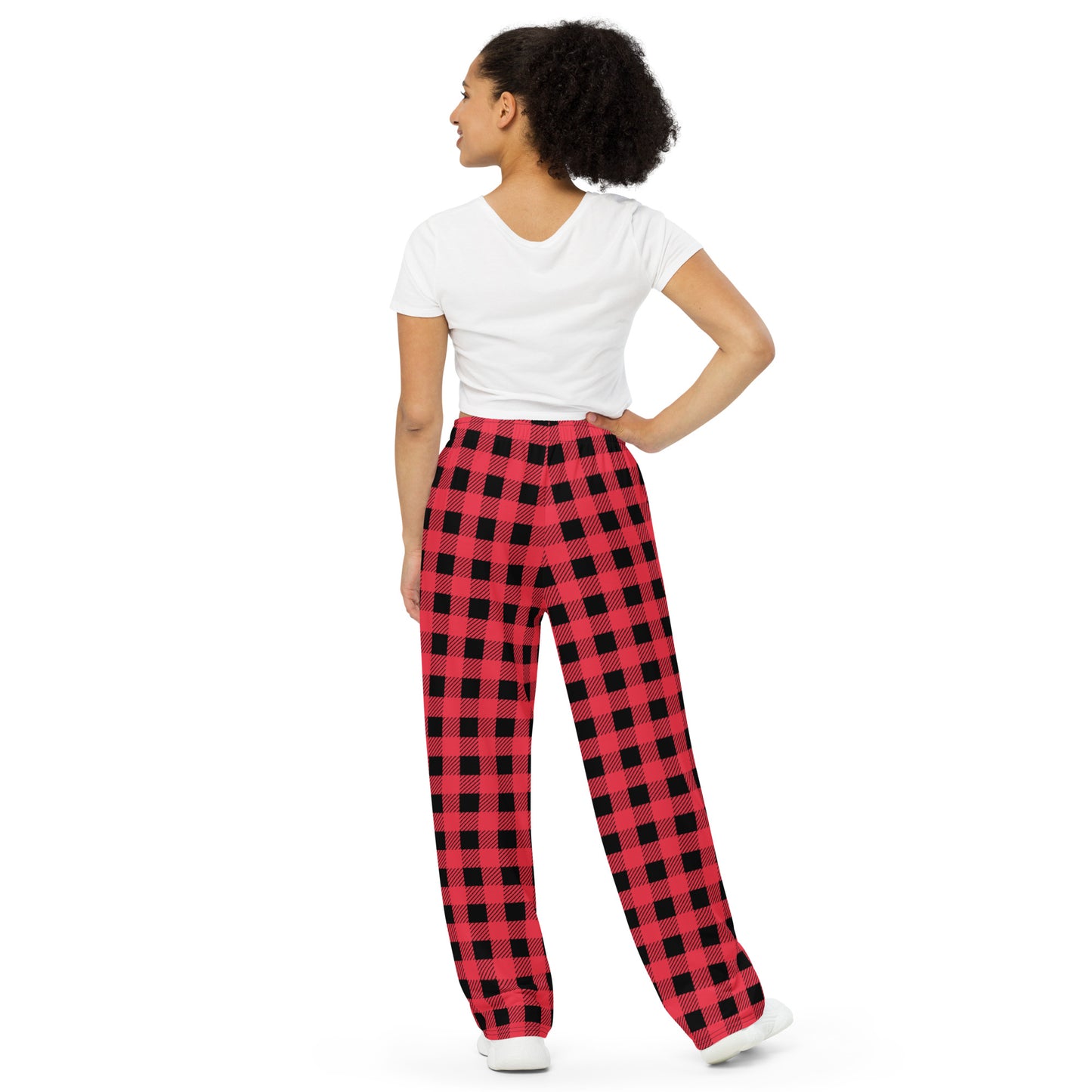 Buffalo Plaid in Hot Pink and Black unisex wide-leg pants