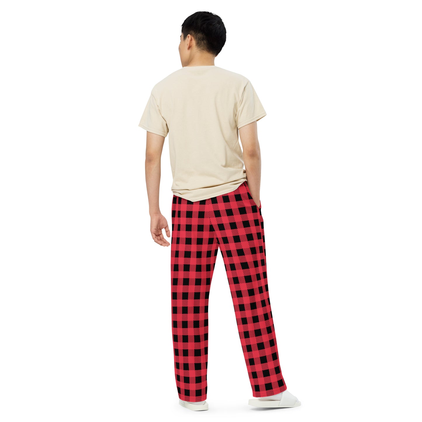 Buffalo Plaid in Hot Pink and Black unisex wide-leg pants