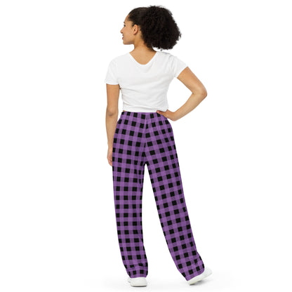 Buffalo Plaid in Purple and Black unisex wide-leg pants