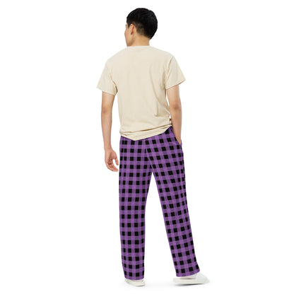 Buffalo Plaid in Purple and Black unisex wide-leg pants