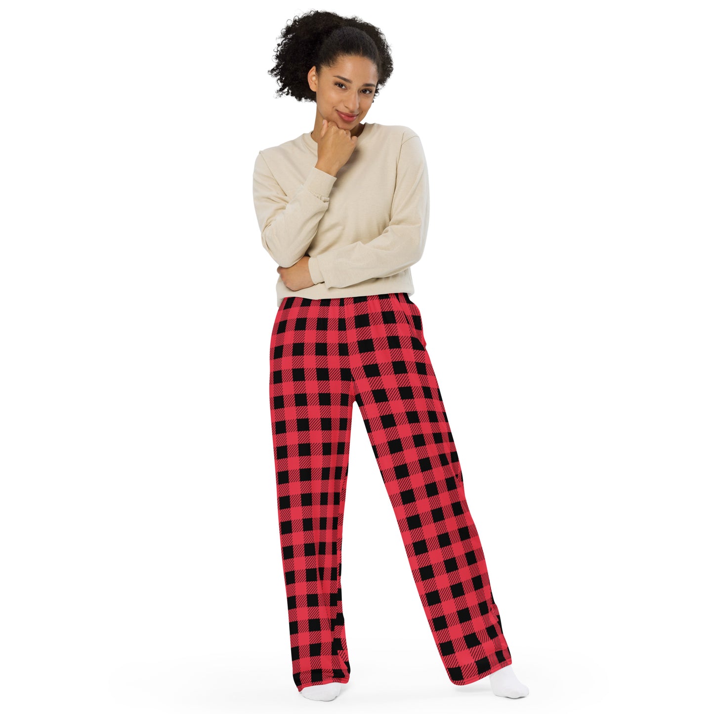 Buffalo Plaid in Hot Pink and Black unisex wide-leg pants