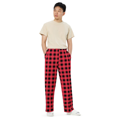 Buffalo Plaid in Hot Pink and Black unisex wide-leg pants