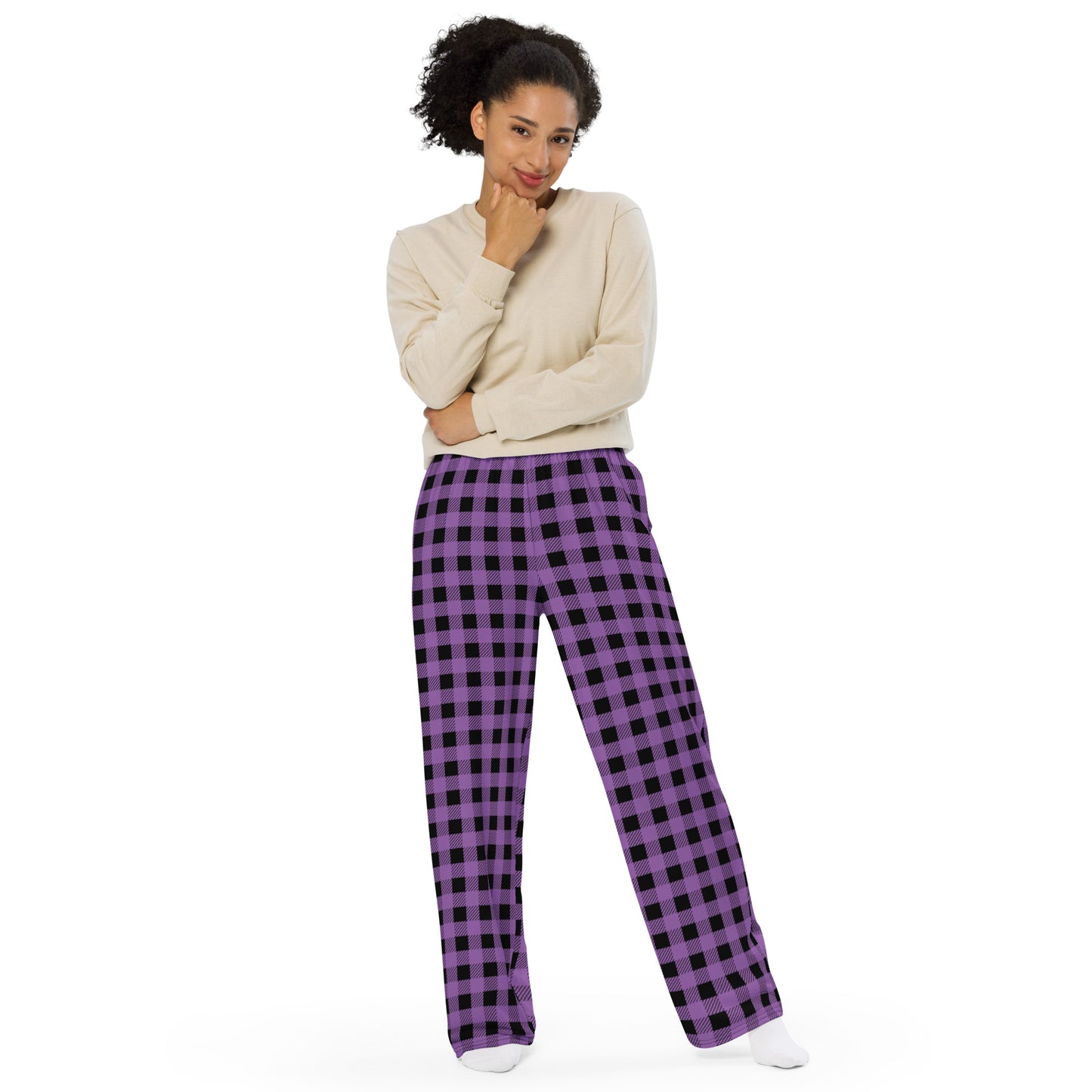 Buffalo Plaid in Purple and Black unisex wide-leg pants