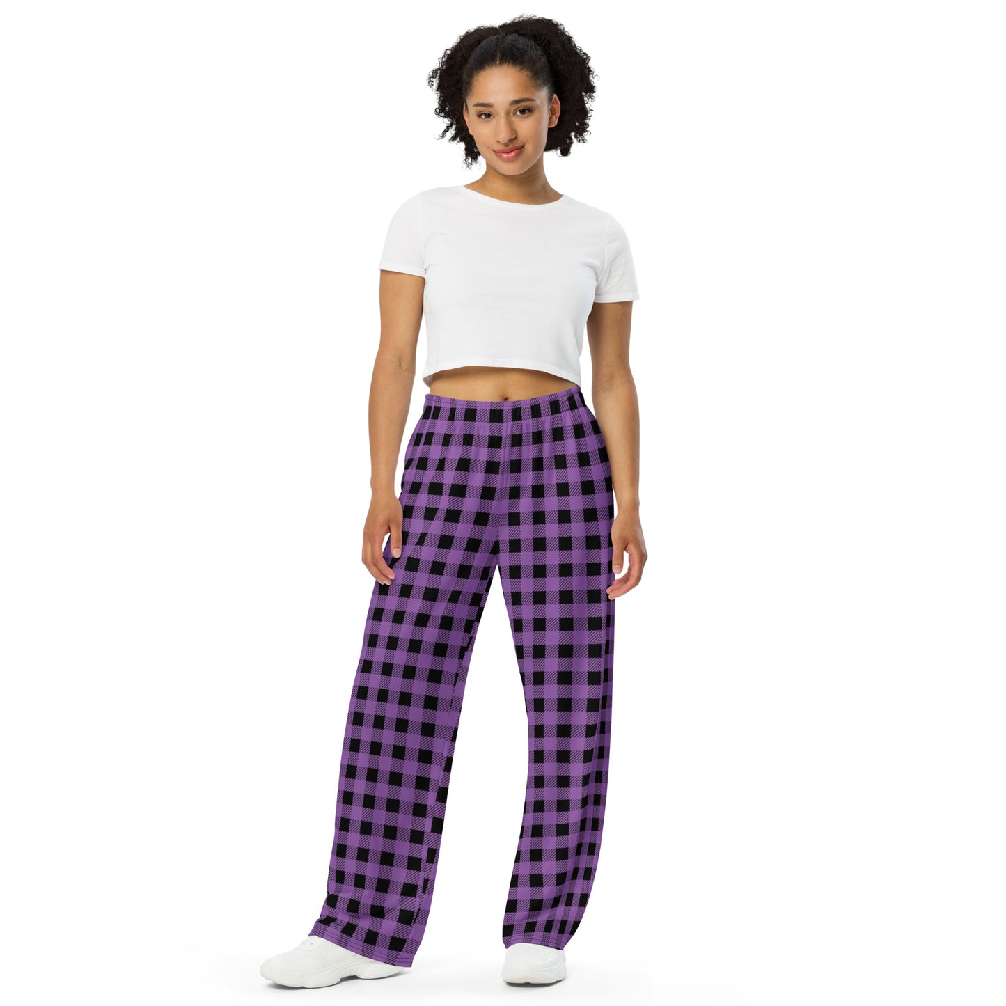 Buffalo Plaid in Purple and Black unisex wide-leg pants