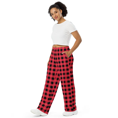 Buffalo Plaid in Hot Pink and Black unisex wide-leg pants