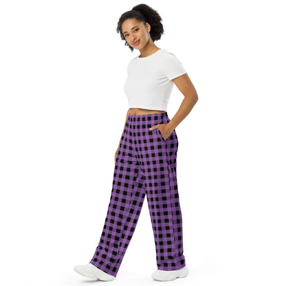 Buffalo Plaid in Purple and Black unisex wide-leg pants