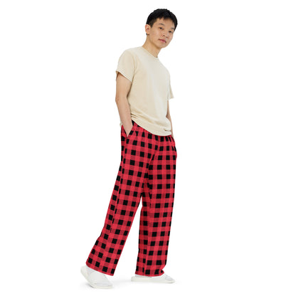 Buffalo Plaid in Hot Pink and Black unisex wide-leg pants