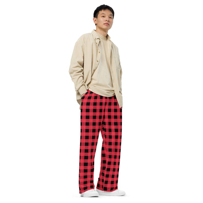 Buffalo Plaid in Hot Pink and Black unisex wide-leg pants