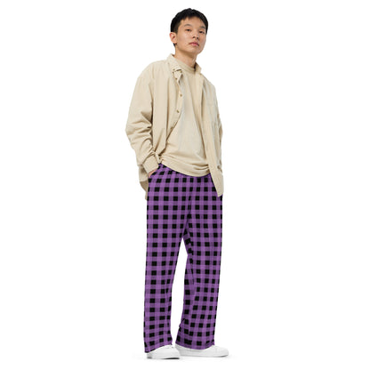 Buffalo Plaid in Purple and Black unisex wide-leg pants