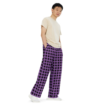 Buffalo Plaid in Purple and Black unisex wide-leg pants